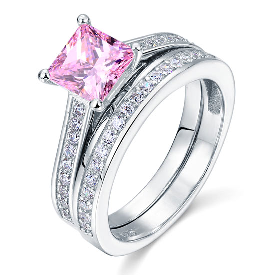 1.5 Carat Princess Cut 2-Pc Fancy Pink Created Diamond 925 Sterling Silver Wedding Engagement Ring Set