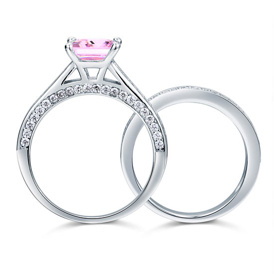 1.5 Carat Princess Cut 2-Pc Fancy Pink Created Diamond 925 Sterling Silver Wedding Engagement Ring Set