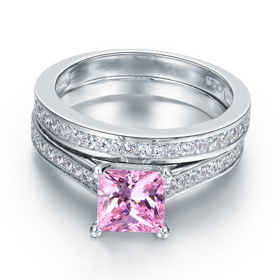 1.5 Carat Princess Cut 2-Pc Fancy Pink Created Diamond 925 Sterling Silver Wedding Engagement Ring Set