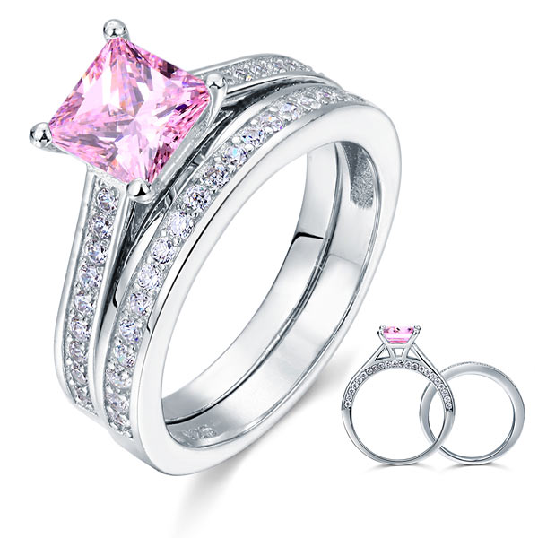 1.5 Carat Princess Cut 2-Pc Fancy Pink Created Diamond 925 Sterling Silver Wedding Engagement Ring Set