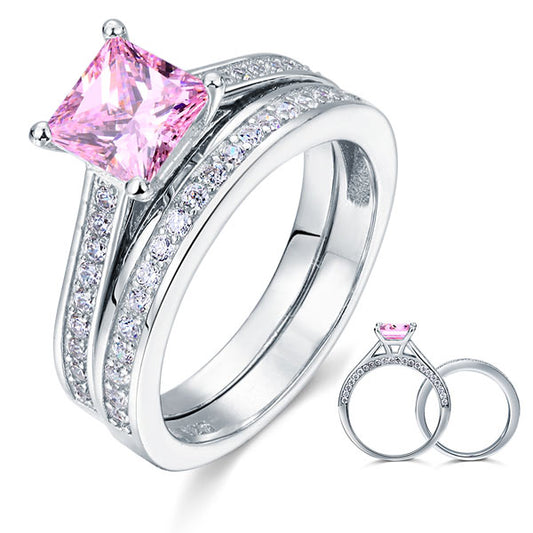 1.5 Carat Princess Cut 2-Pc Fancy Pink Created Diamond 925 Sterling Silver Wedding Engagement Ring Set