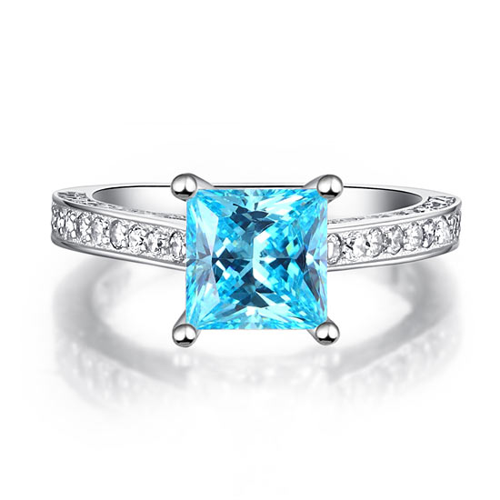 1.5 Carat Princess Cut Fancy Blue Created Diamond 925 Sterling Silver Wedding Engagement Ring