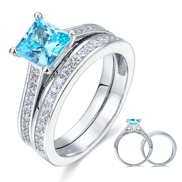 1.5 Carat Princess Cut 2-Pcs Fancy Blue Created Diamond 925 Sterling Silver Wedding Engagement Ring Set