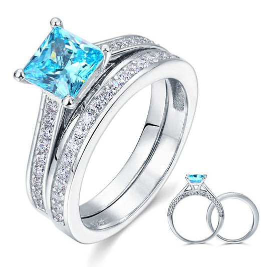 1.5 Carat Princess Cut 2-Pcs Fancy Blue Created Diamond 925 Sterling Silver Wedding Engagement Ring Set