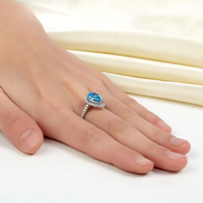 Sterling 925 Silver Wedding Engagement Ring Pear Blue Created Diamond Jewelry