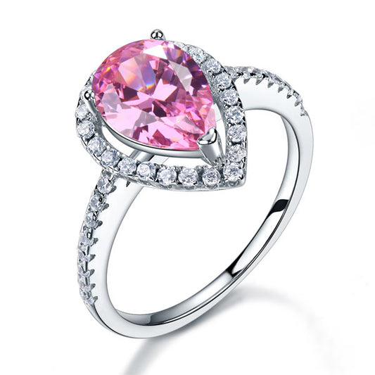 Sterling 925 Silver Wedding Engagement Ring Pear Fancy Pink Created Diamond Jewelry