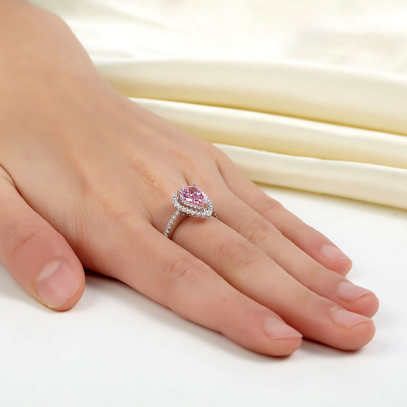 Sterling 925 Silver Wedding Engagement Ring Pear Fancy Pink Created Diamond Jewelry