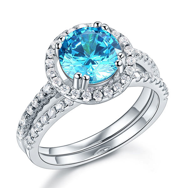 925 Sterling Silver Wedding Engagement Halo Ring Set 2 Carat Blue Created Diamond