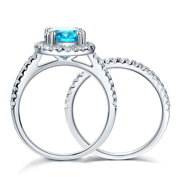 925 Sterling Silver Wedding Engagement Halo Ring Set 2 Carat Blue Created Diamond