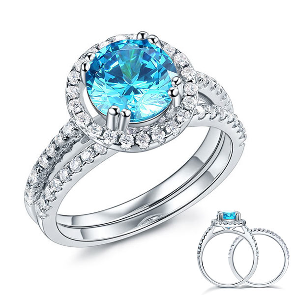 925 Sterling Silver Wedding Engagement Halo Ring Set 2 Carat Blue Created Diamond
