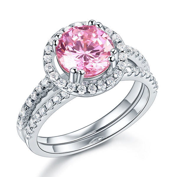 925 Sterling Silver Wedding Engagement Halo Ring Set 2 Carat Pink Created Diamond Ring