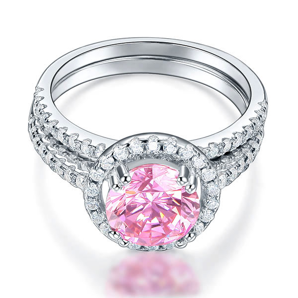 925 Sterling Silver Wedding Engagement Halo Ring Set 2 Carat Pink Created Diamond Ring