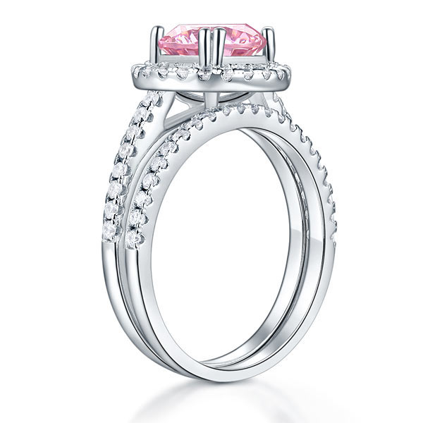 925 Sterling Silver Wedding Engagement Halo Ring Set 2 Carat Pink Created Diamond Ring