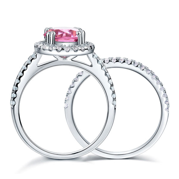 925 Sterling Silver Wedding Engagement Halo Ring Set 2 Carat Pink Created Diamond Ring