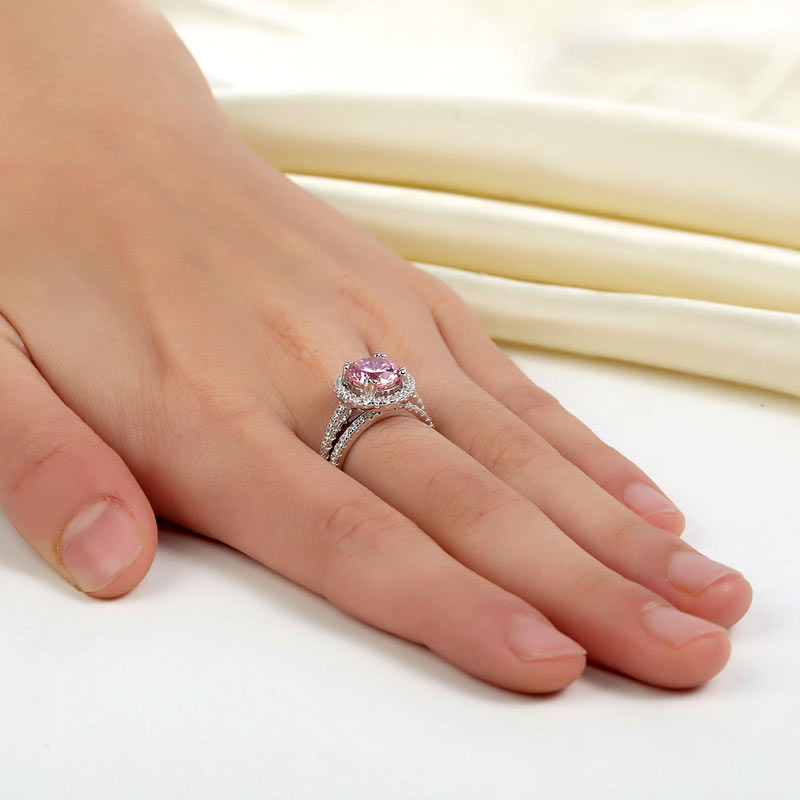 925 Sterling Silver Wedding Engagement Halo Ring Set 2 Carat Pink Created Diamond Ring