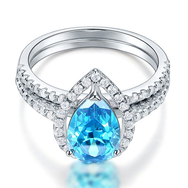 Sterling 925 Silver Bridal Wedding Engagement Ring Set 2 Carat Pear Fancy Blue Created Diamond