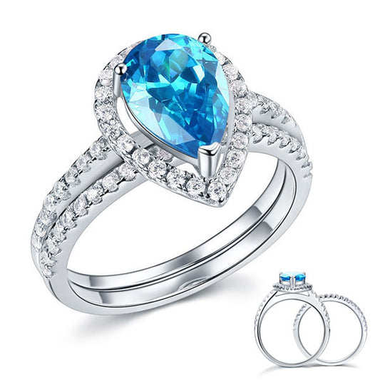 Sterling 925 Silver Bridal Wedding Engagement Ring Set 2 Carat Pear Fancy Blue Created Diamond