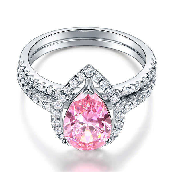 Sterling 925 Silver Bridal Wedding Engagement Ring Set 2 Carat Pear Fancy Pink Created Diamond