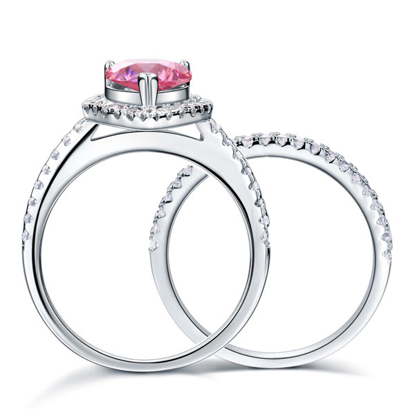 Sterling 925 Silver Bridal Wedding Engagement Ring Set 2 Carat Pear Fancy Pink Created Diamond