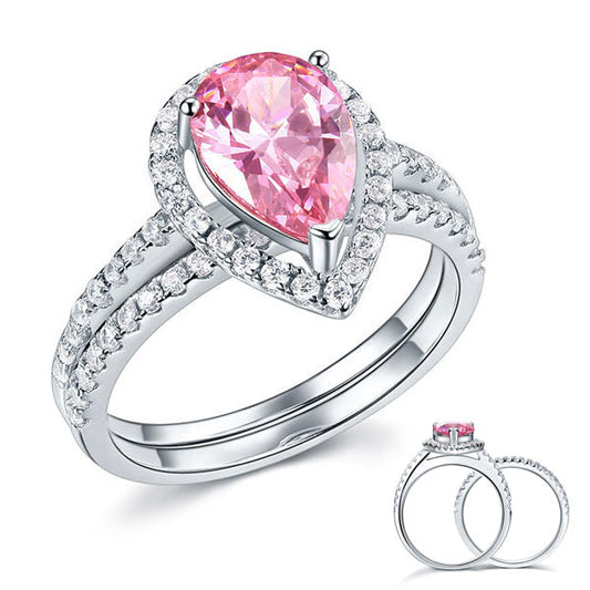Sterling 925 Silver Bridal Wedding Engagement Ring Set 2 Carat Pear Fancy Pink Created Diamond