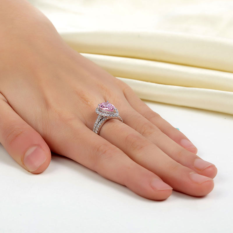 Sterling 925 Silver Bridal Wedding Engagement Ring Set 2 Carat Pear Fancy Pink Created Diamond