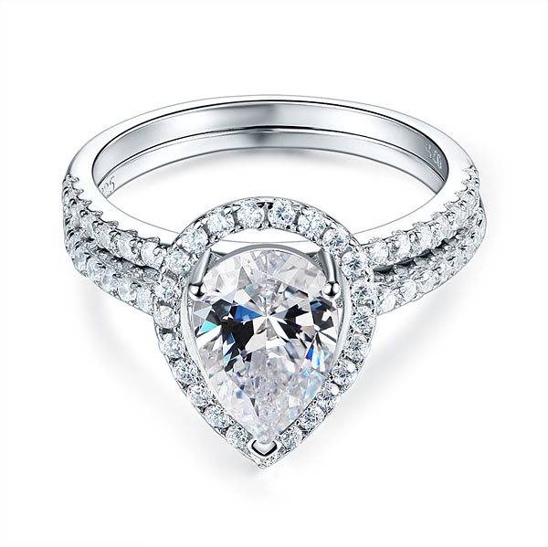 Solid Sterling 925 Silver Bridal Wedding Promise Engagement Ring Set 2 Ct Pear Ring