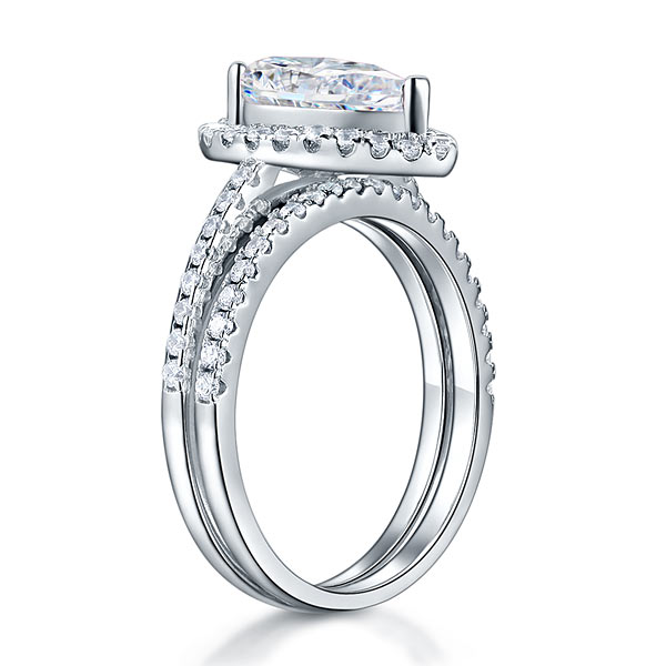 Solid Sterling 925 Silver Bridal Wedding Promise Engagement Ring Set 2 Ct Pear Ring