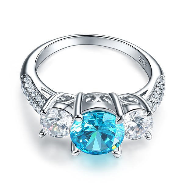 925 Sterling Silver 3-Stone Bridal Ring 2 Carat Created Blue Diamond Vintage Style Jewelry