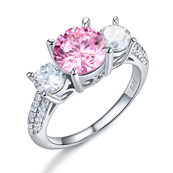 925 Sterling Silver 3-Stone Wedding Ring 2 Carat Fancy Pink Created Diamond Jewelry Vintage Style