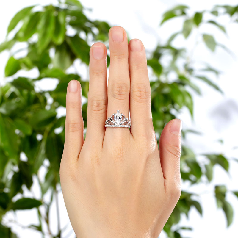 Solid 925 Sterling Silver Crown Ring 1 Carat Pear Cut