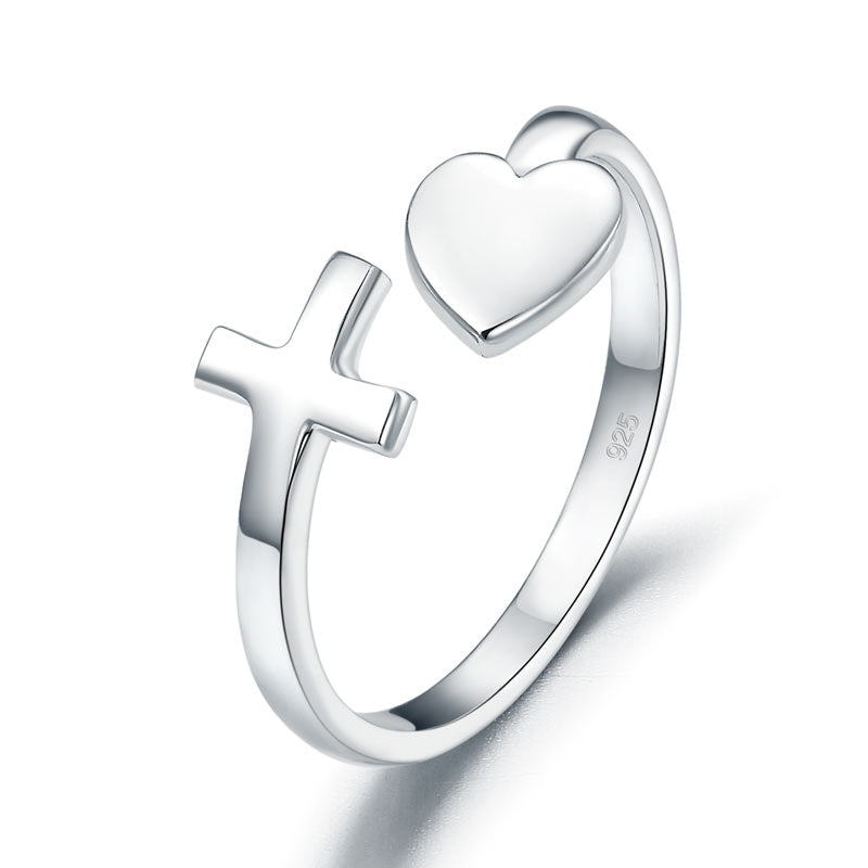 Plain Solid 925 Sterling Silver Ring Cross Heart