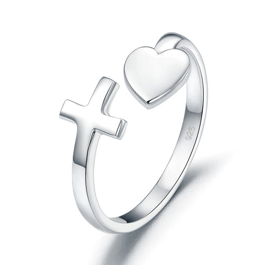 Plain Solid 925 Sterling Silver Ring Cross Heart