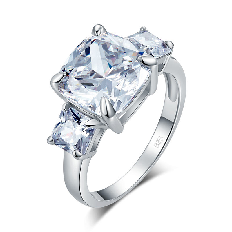 Cushion Cut 4 Carat Solid 925 Sterling Silver Ring Three-Stone Ring