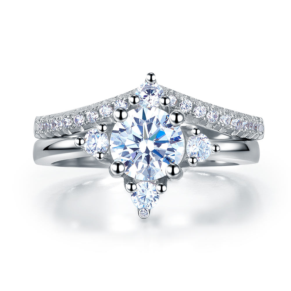 Solid 925 Sterling Silver 2-Pcs Wedding Engagement Ring Set 1 Ct Round Cut