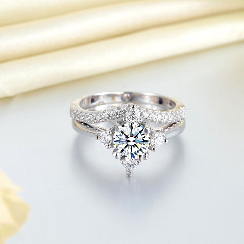 Solid 925 Sterling Silver 2-Pcs Wedding Engagement Ring Set 1 Ct Round Cut