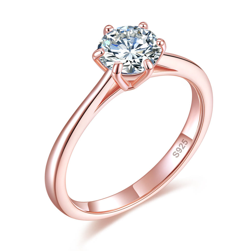 1 Carat 6 Claws Wedding Engagement Ring Solitaire Solid 925 Sterling Silver Rose Gold Plated Ring