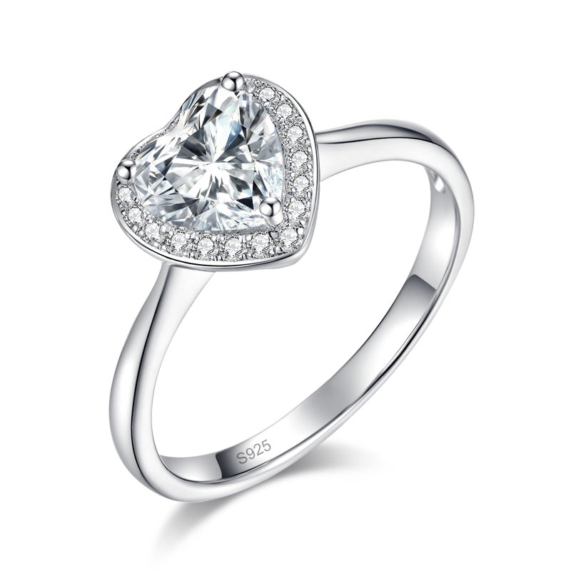 Heart Halo 1 Carat Moissanite Diamond Ring Engagement 925 Sterling Silver