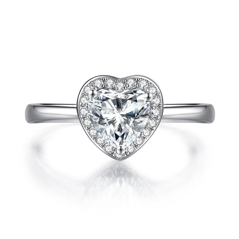 Heart Halo 1 Carat Moissanite Diamond Ring Engagement 925 Sterling Silver