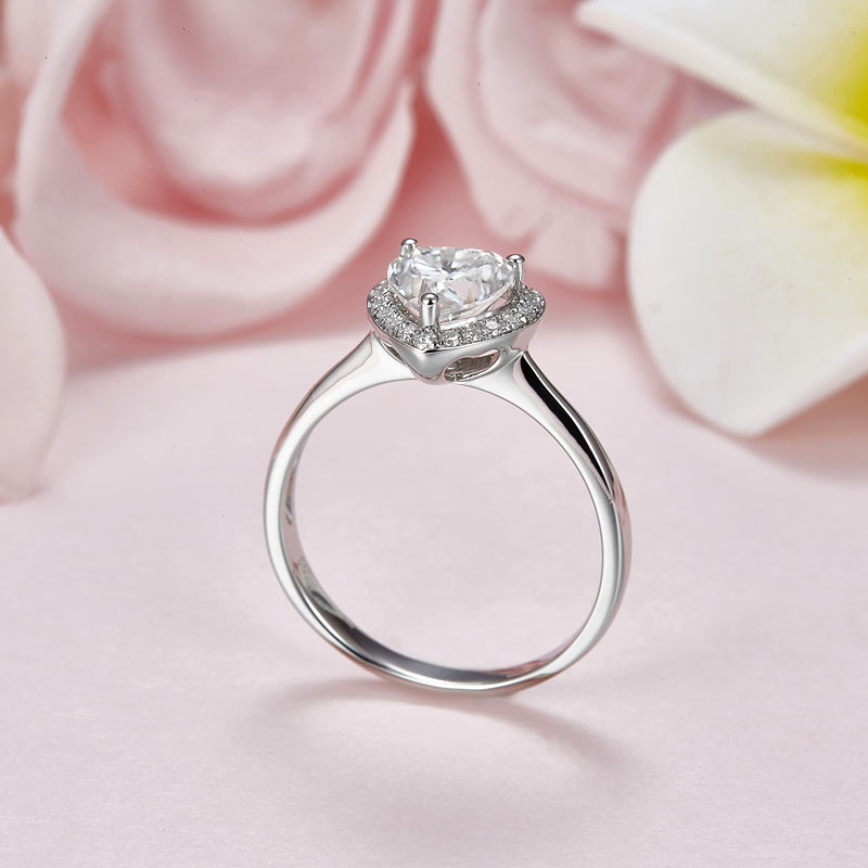 Heart Halo 1 Carat Moissanite Diamond Ring Engagement 925 Sterling Silver