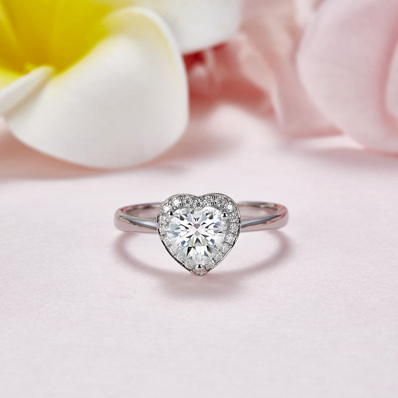 Heart Halo 1 Carat Moissanite Diamond Ring Engagement 925 Sterling Silver