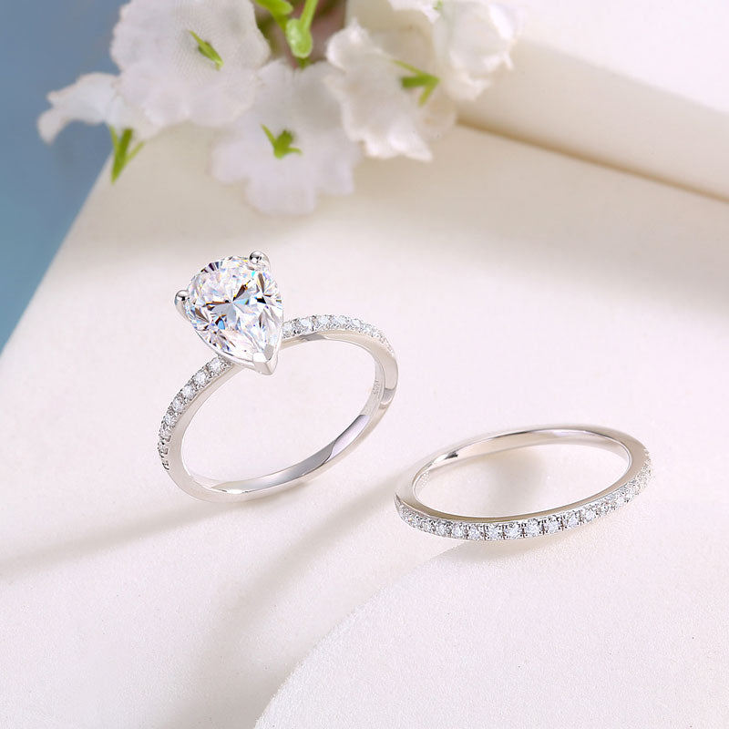 2 Carat Pear Cut Moissanite Diamond  Ring Set (1 pcs / 2 pcs) 925 Sterling Silver